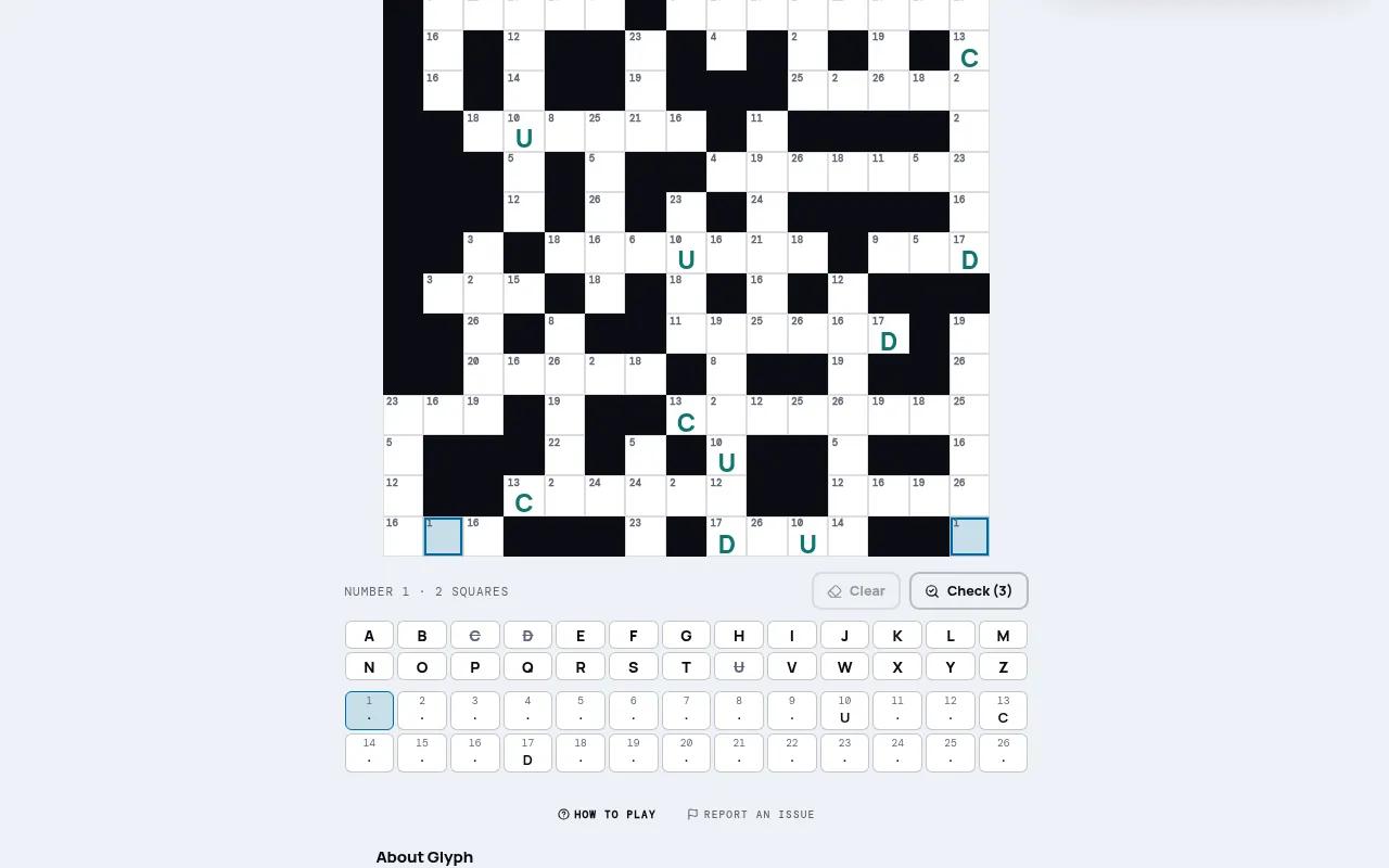 Glyph codeword on mindloftdaily.com: a numbered grid with the letters C, U and D filled in, an alphabet bar with used letters struck out, and the number-to-letter key from 1 to 26