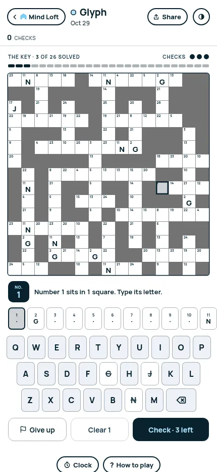Glyph on a phone: the same day's numbered grid above a row of codebook numbers, an on-screen keyboard with spent letters struck out, and Give up and Check buttons