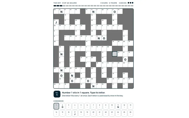 Glyph codeword for 29 October 2026: a 15x15 numbered grid with the given letters N, G and J filled in, a key progress bar and the codebook of numbers 1 to 26