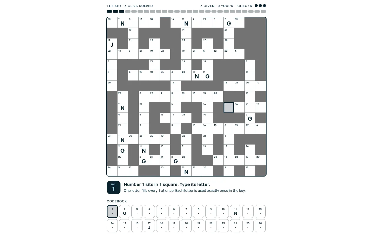 Glyph codeword for 29 October 2026: a 15x15 numbered grid with the given letters N, G and J filled in, a key progress bar and the codebook of numbers 1 to 26