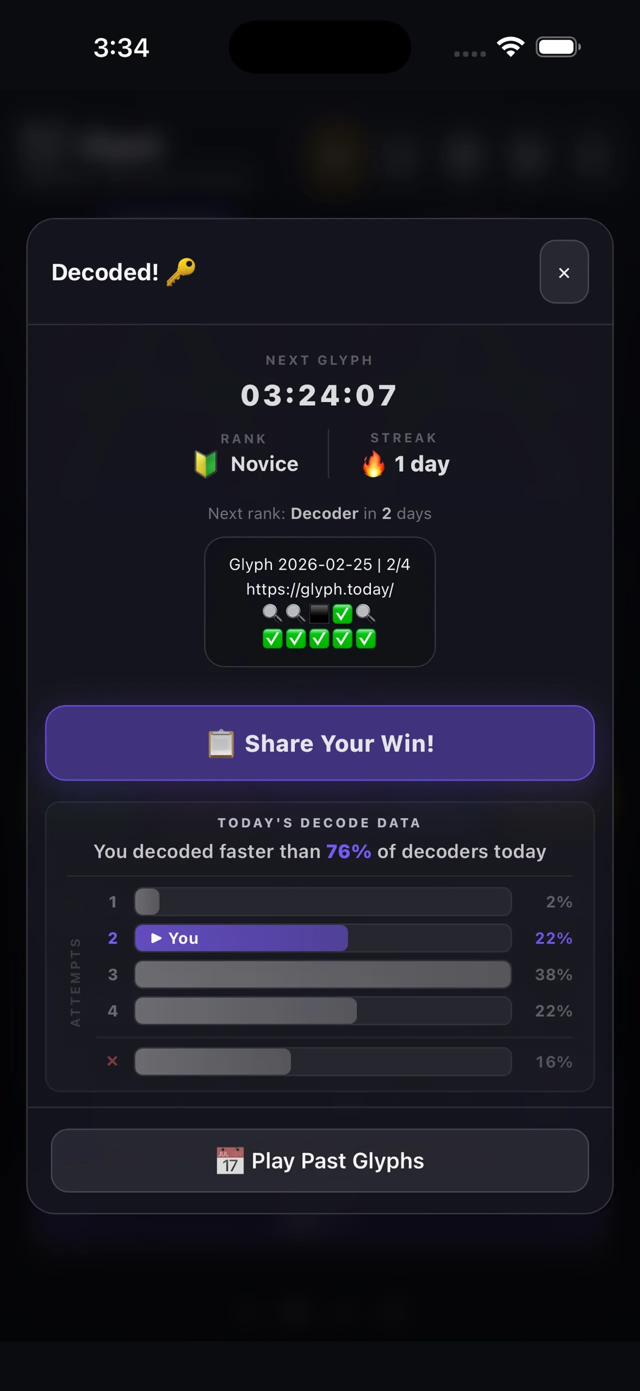 Glyph's result screen on a phone: countdown to the next glyph, rank and streak, share grid and the day's attempt distribution