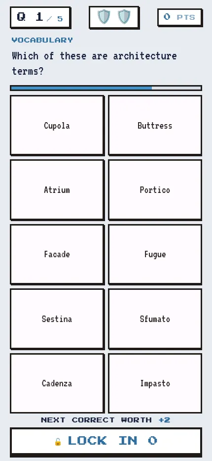 A GnarlyQ round on a phone: the question 'Which of these are architecture terms?' with ten answer tiles, two shields and a Lock In button