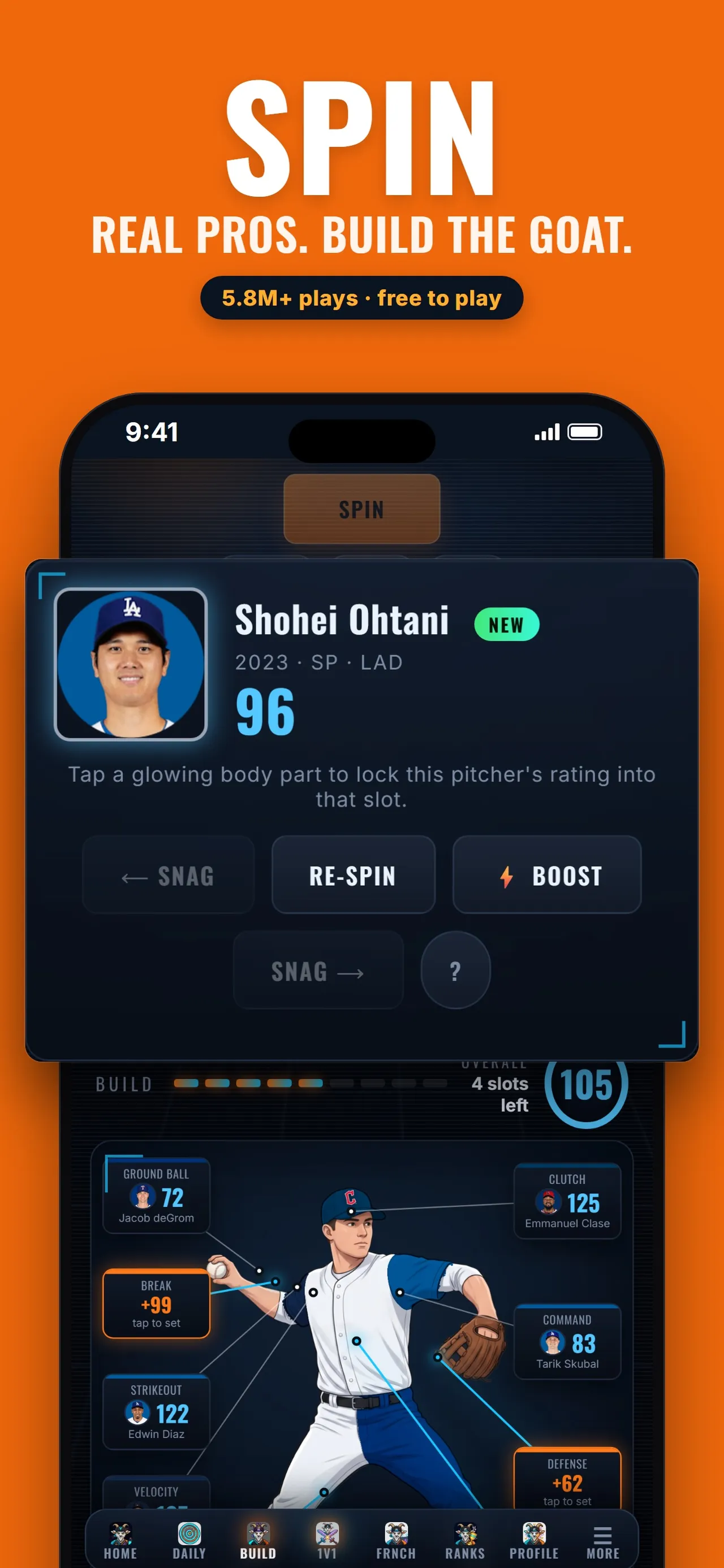GoatLab App Store screenshot: a spun Shohei Ohtani card rated 96 above the build of a pitcher, with re-spin, snag and boost buttons