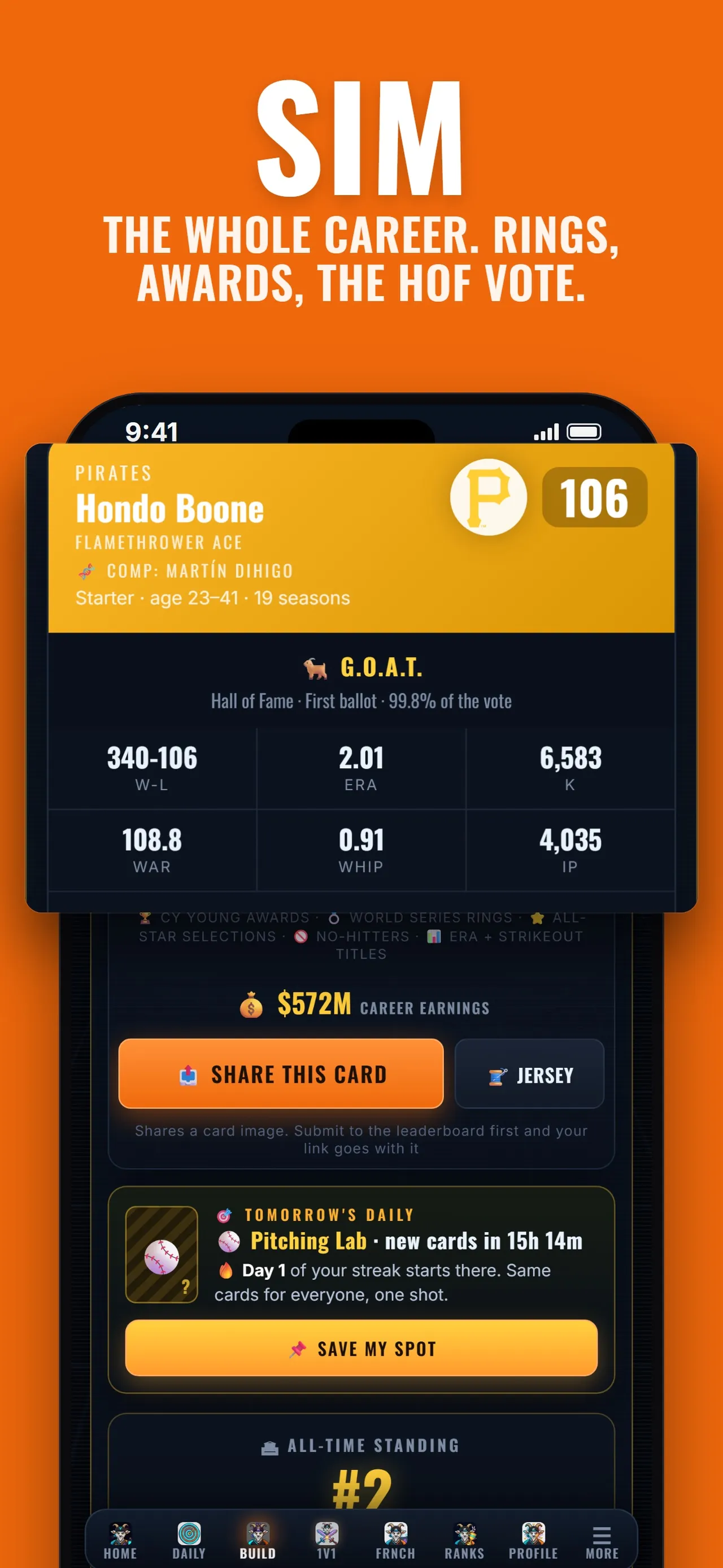 GoatLab App Store screenshot: a simulated pitcher's career card with stats and a Hall of Fame verdict, and a note that tomorrow's Daily has new cards with the same cards for everyone and one shot