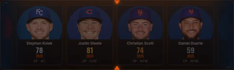 The GoatLab Daily reel in Pitching Lab before a spin: cards of real MLB pitchers with their ratings, seasons and teams