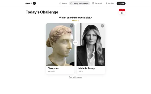 GOATvs Today's Challenge for 17 October: Cleopatra against Melania Trump under the question Which one did the world pick?