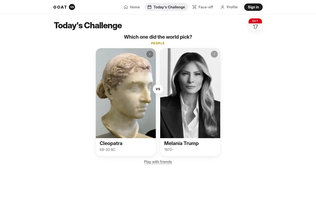 GOATvs Today's Challenge for 17 October: Cleopatra against Melania Trump under the question Which one did the world pick?