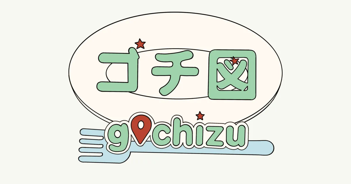 The Gochizu logo, ゴチ図, on a plate with a fork and a map pin