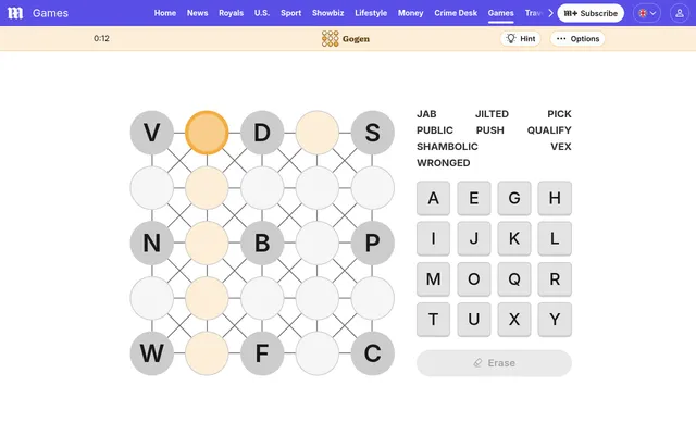 Daily Mail Gogen for 7 October 2026 in play: a five by five grid of linked circles with nine letters given (V, D, S, N, B, P, W, F, C), the word list JAB, JILTED, PICK, PUBLIC, PUSH, QUALIFY, SHAMBOLI