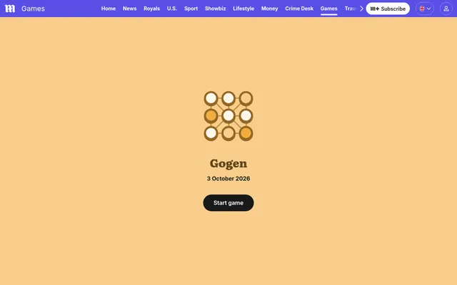 The Gogen start screen on the Daily Mail games page: the game's own icon and name, the date 3 October 2026 and a button to start the day's puzzle