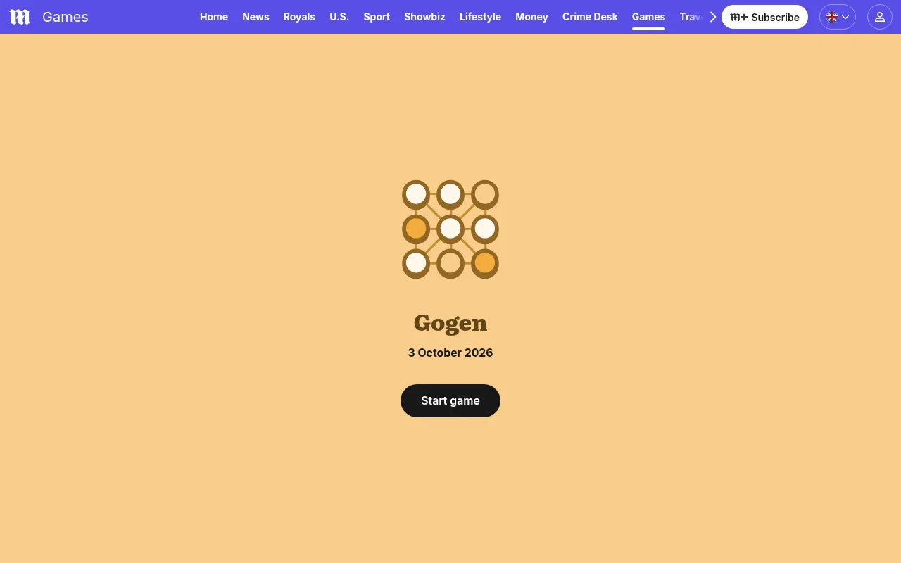 The Gogen start screen on the Daily Mail games page: the game's own icon and name, the date 3 October 2026 and a button to start the day's puzzle