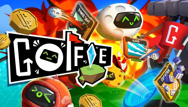 Golfie key art with the game's logo, its robot golf ball mascot and Power Shot, Glider and Cheater cards