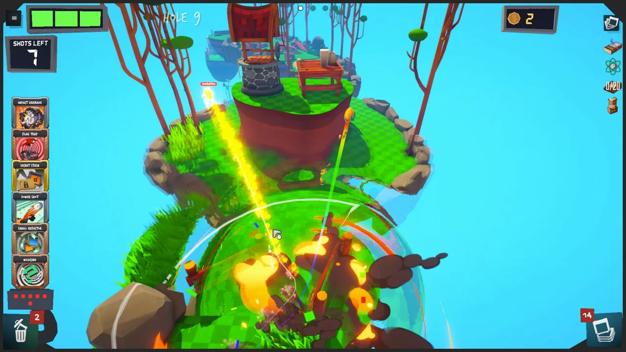 Golfie hole 9 on floating islands with a well, shots left counter and a column of cards such as Impact Grenade and Power Shot