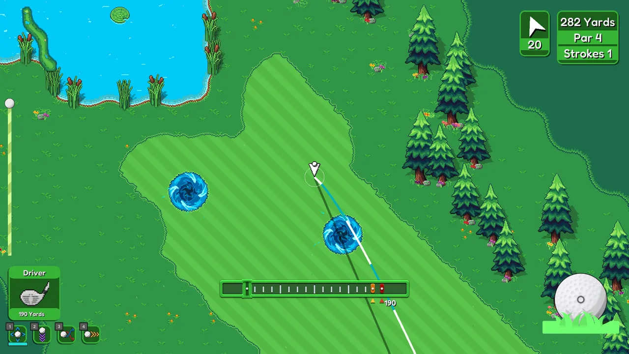 Top-down pixel-art fairway with a pond, pine trees and two blue vortexes, a par 4 of 282 yards with the driver selected