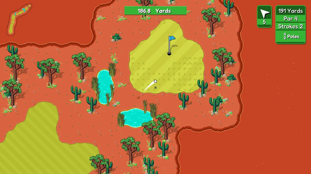 Golfinite desert hole: the ball lands on a green ringed by cacti, Joshua trees and two ponds, par 4 with strokes and wind shown
