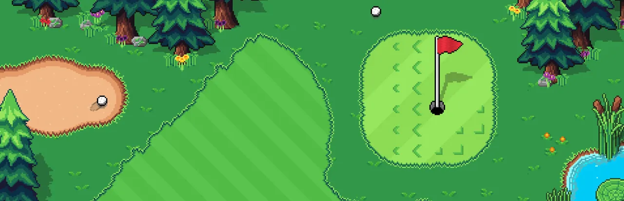 Golfinite key art: a pixel-art green with a red flag, a ball in a sand bunker, pine trees and a pond