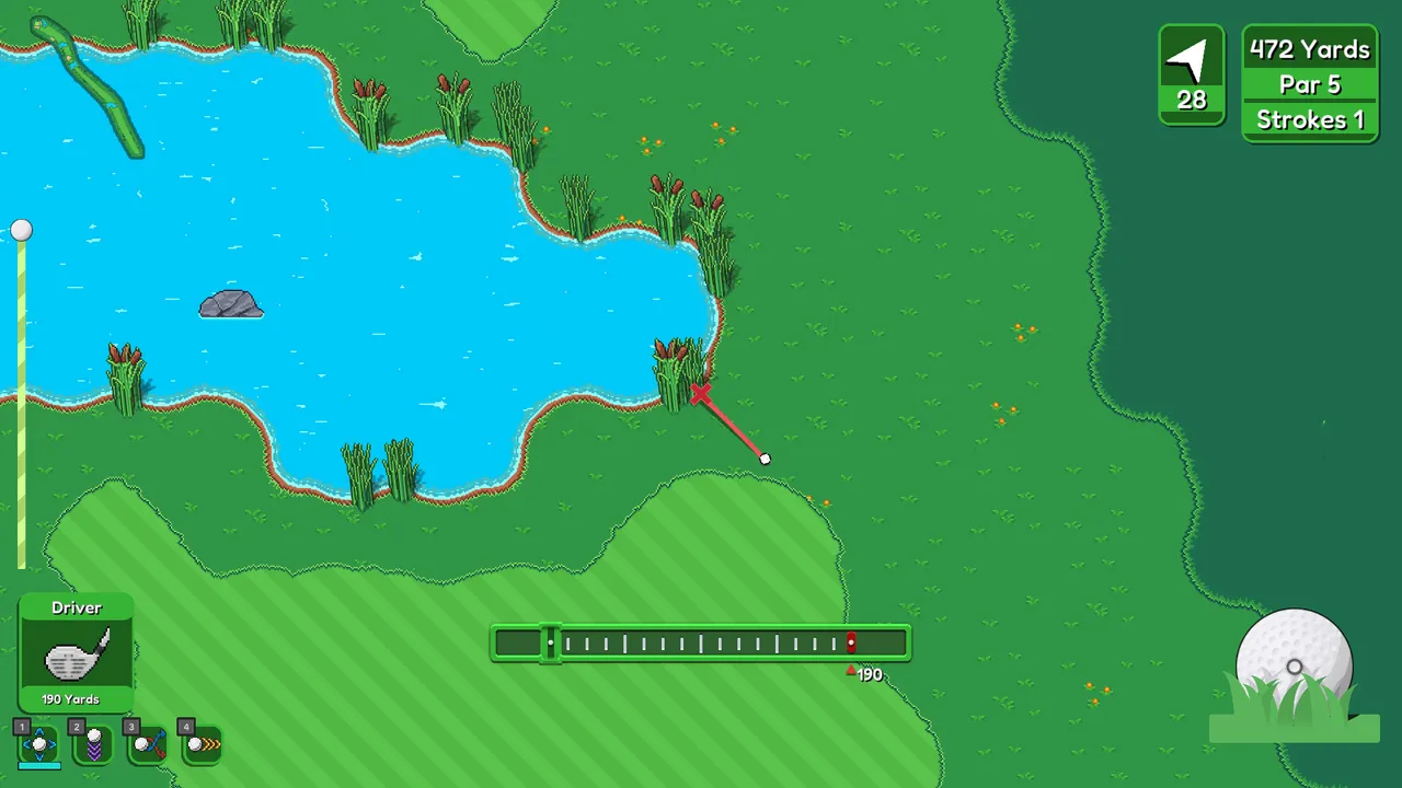 Golfinite tee shot beside a lake on a 472 yard par 5, with the driver's 190 yard power meter and four ability slots at the bottom
