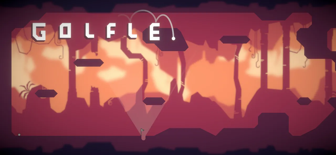 The Golfle title over a red cave hole, with the flag for hole one set into the floor