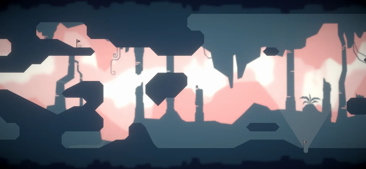 A blue and pink Golfle cave with the ball resting by flag two and flag three on the far side