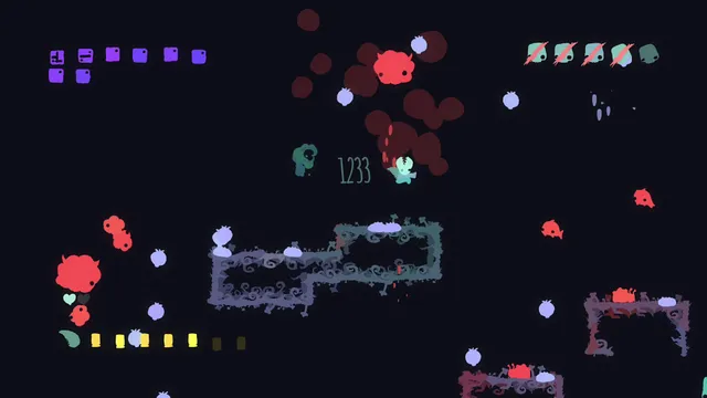 GoNNER gameplay: a small teal creature mid-fight among red blob enemies and floating platforms on a black background, with a combo counter of 1233