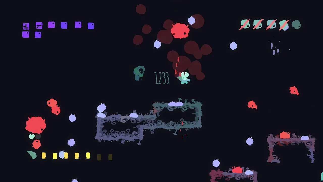 GoNNER gameplay: a small teal creature mid-fight among red blob enemies and floating platforms on a black background, with a combo counter of 1233