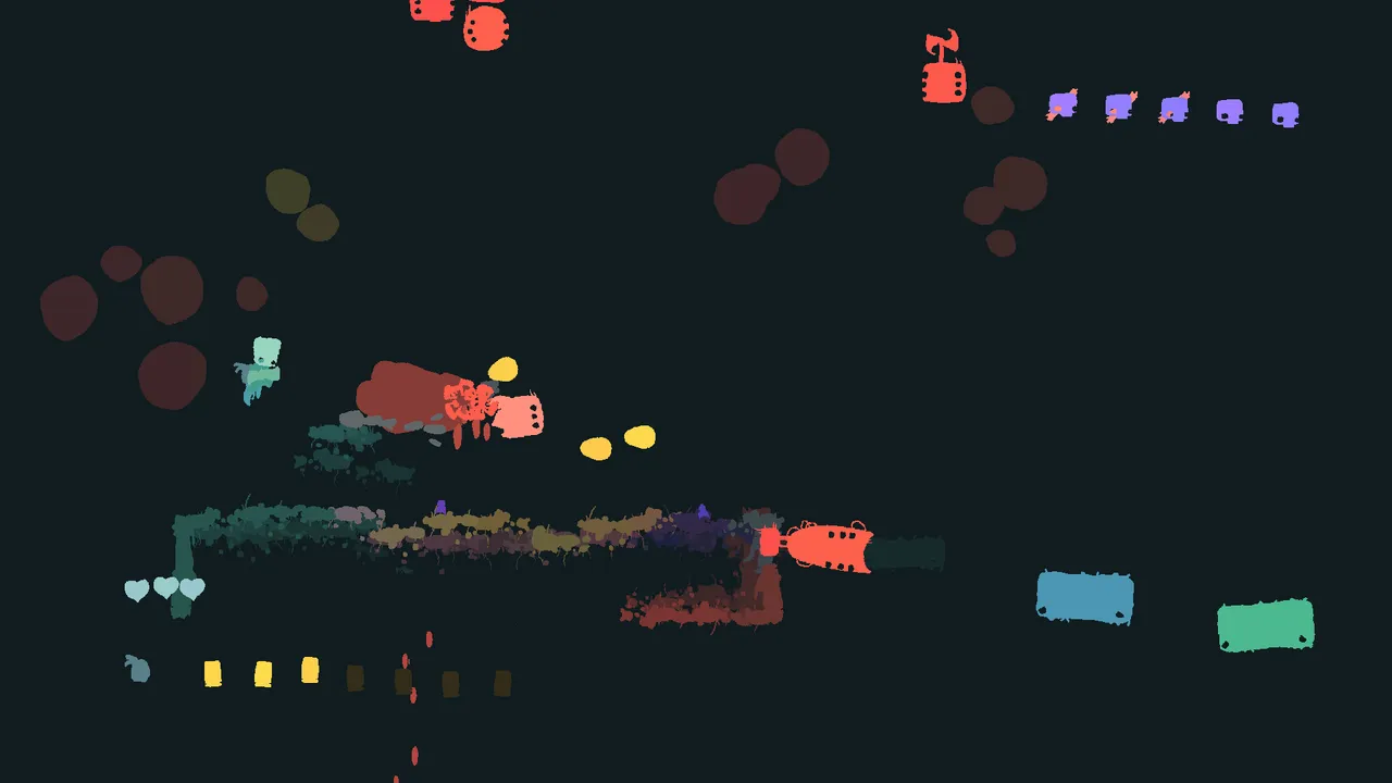 GoNNER gameplay: the small teal hero fires at red creatures over scribbled platforms, with hearts and yellow ammo pips at the lower left