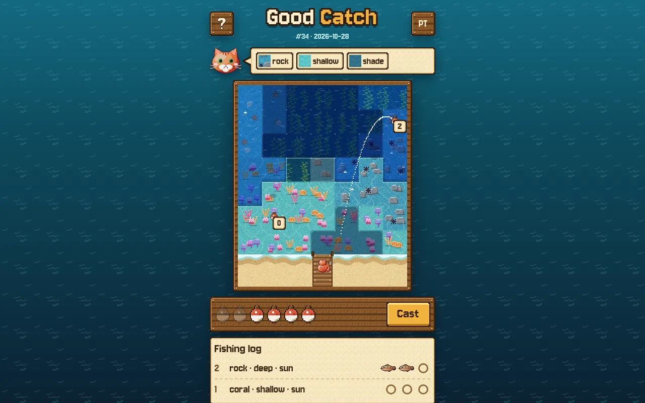 Good Catch #34 on 28 October 2026 mid-game: two casts on the 7x7 lagoon scored 0 and 2, with the fishing log below and a rock, shallow, shade square being read