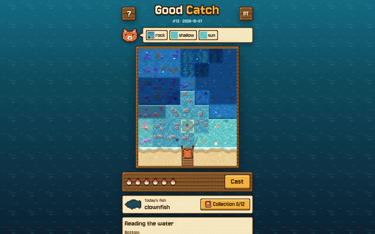 Good Catch with a square selected in the lagoon and the cat's speech bubble reading it as rock, shallow and sun, ready to cast