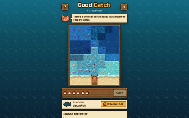 Good Catch puzzle #13: the cat on its pier below a 7x7 pixel lagoon of coral, rock, kelp and sand, six bobbers beside the Cast button, today's fish a clownfish