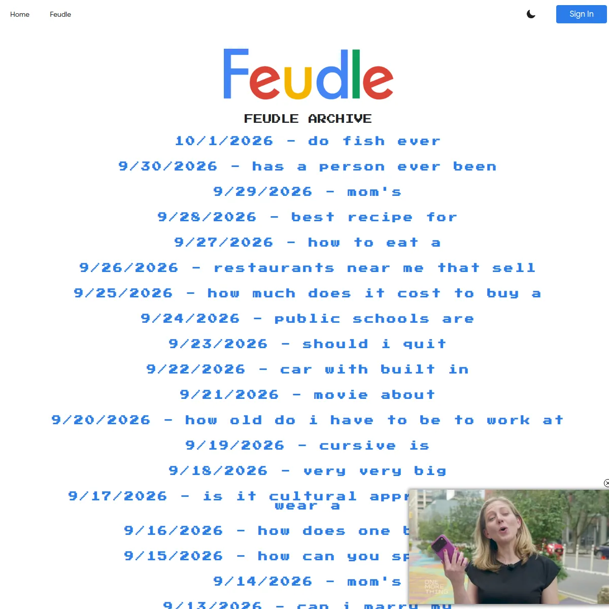 Feudle archive listing dated daily searches from 10/1/2026 backwards