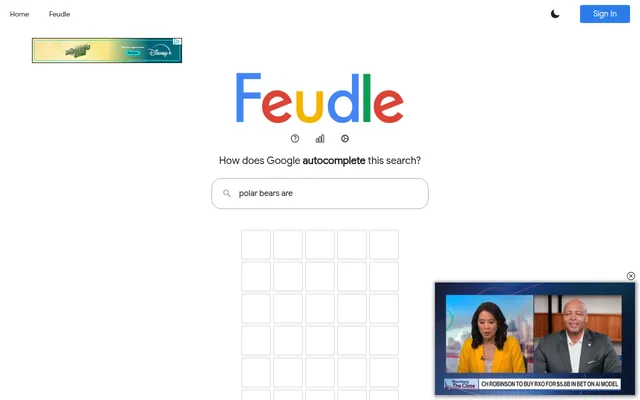 The day's Feudle: the Feudle title, the question How does Google autocomplete this search?, the search polar bears are and an empty five-letter guessing grid (an ad video in the corner)