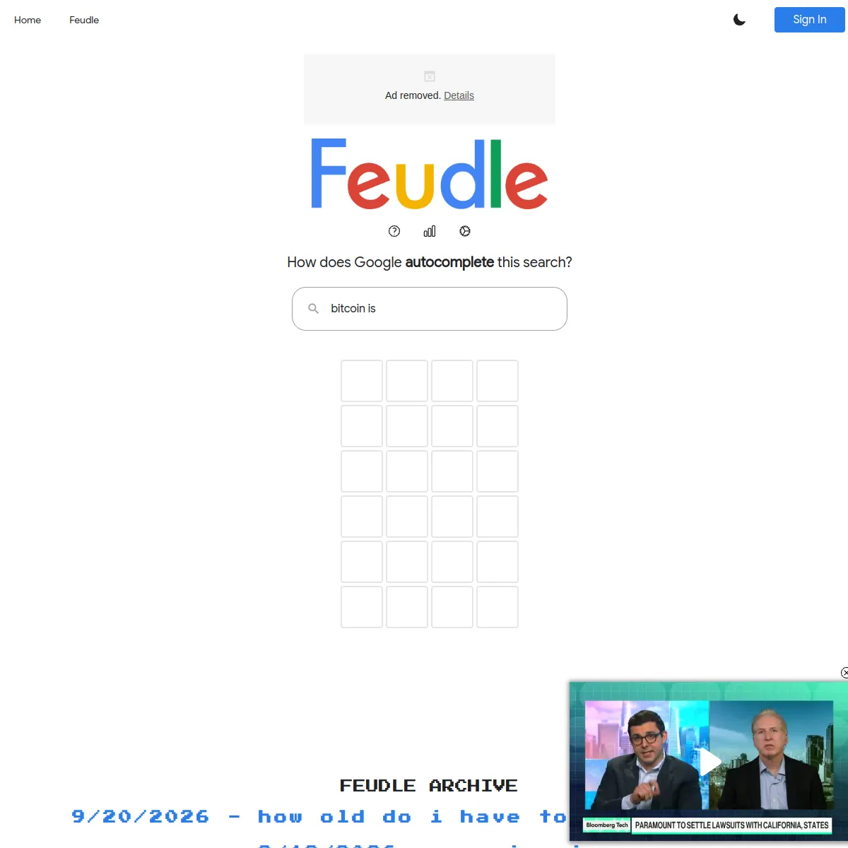 Feudle page with the search 'bitcoin is', an empty grid of letter boxes and the archive below