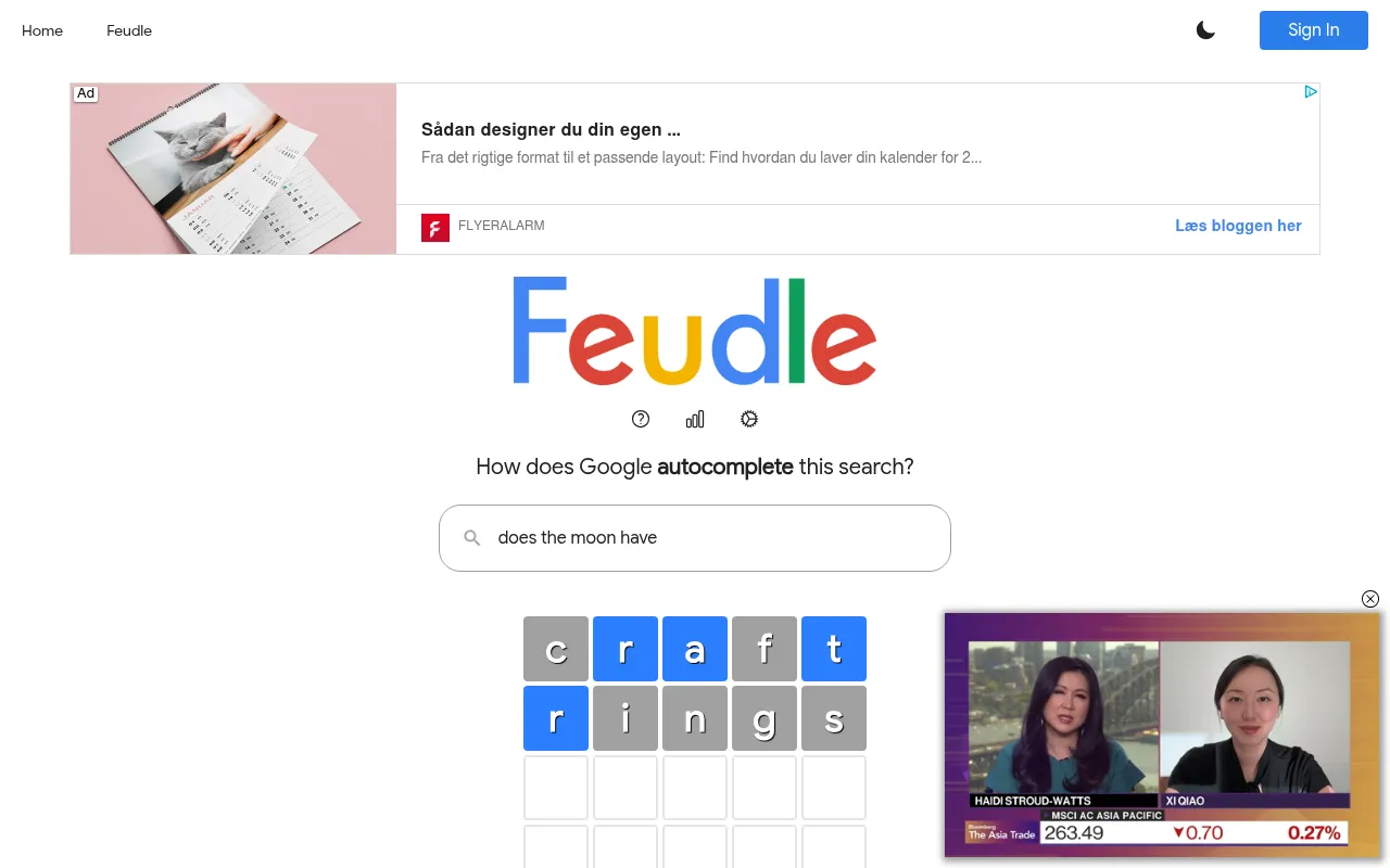 Feudle board for 19 Oct 2026: the search 'does the moon have' with guesses craft and rings, misplaced letters in blue (an ad banner above, a video ad at right)