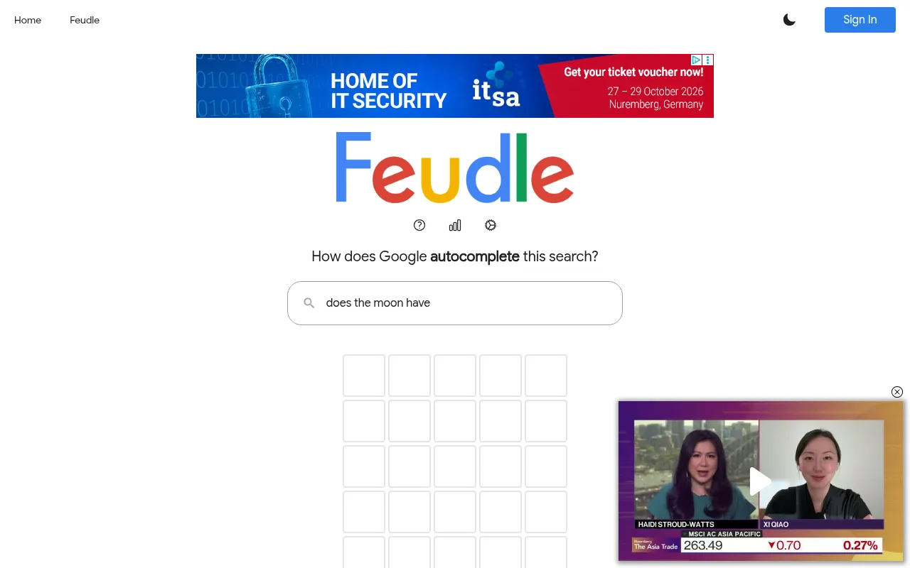 Feudle's daily page: the question How does Google autocomplete this search?, the search 'does the moon have' and an empty five-letter grid