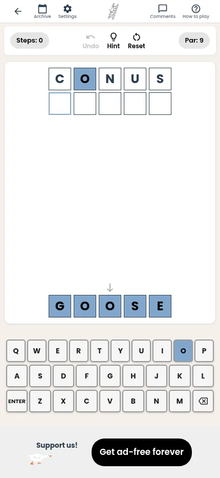 Goose Ladder on a phone: the start word CONUS above GOOSE with the on-screen keyboard below