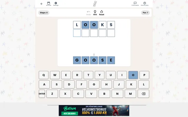 Goose Ladder puzzle: the start word LOOKS above an empty row for the next step and the goal word GOOSE below, with Steps 0, Par 7, Undo, Hint and Reset, and an on-screen keyboard
