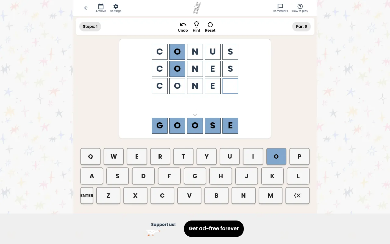 Goose Ladder in play: the start word CONUS changed to CONES, then CONE being typed on the way to GOOSE, with Steps 1 and Par 9