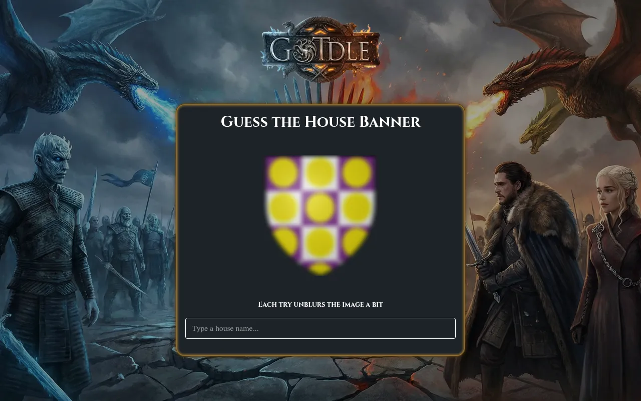 The GoTdle banner round: a blurred house shield of yellow roundels on purple and white, with a box to type a house name