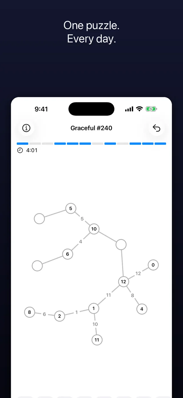 Graceful #240 in progress: a tree of numbered circles with each line showing the difference between its ends, three circles still empty