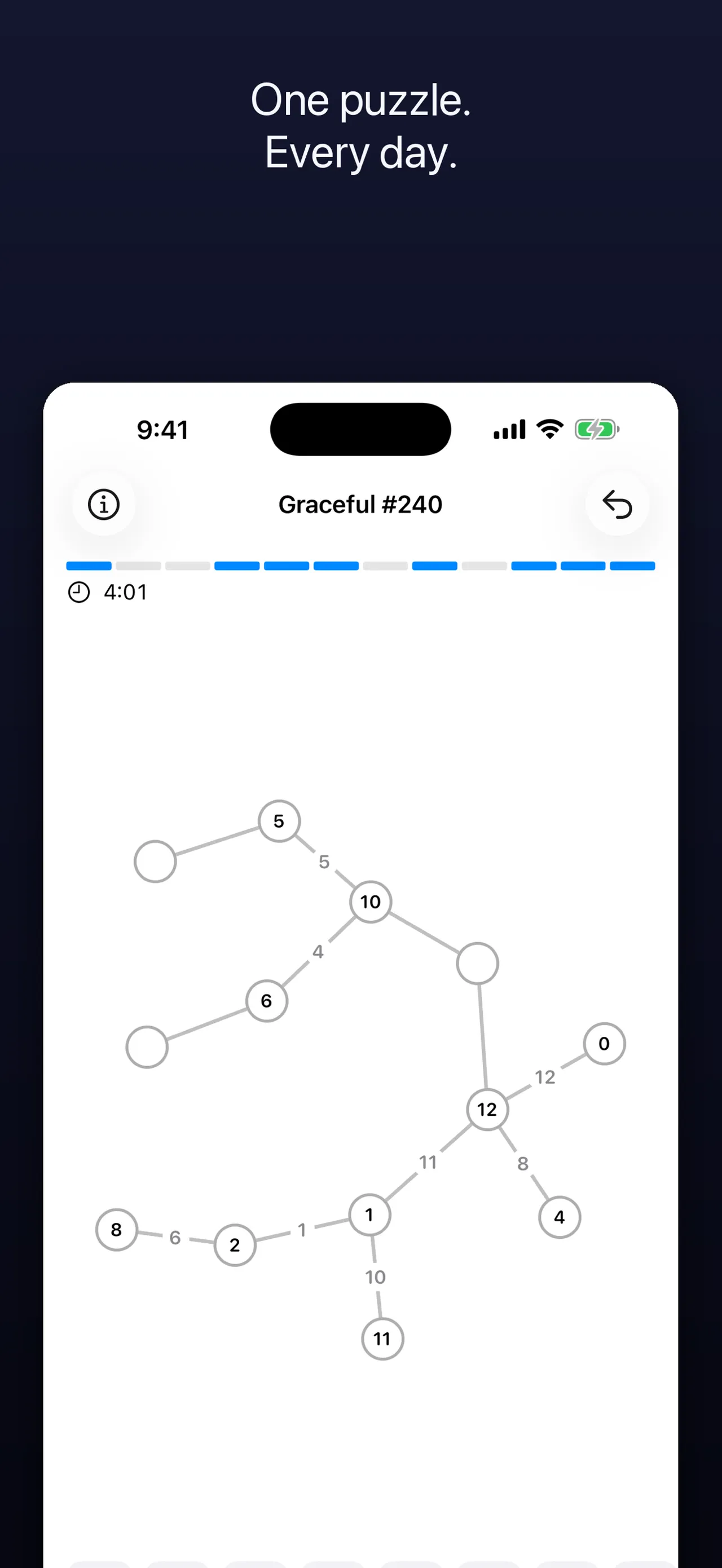 Graceful #240 in progress: a tree of numbered circles with each line showing the difference between its ends, three circles still empty