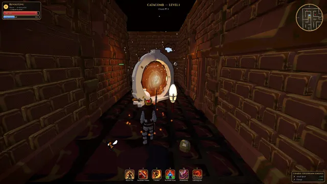 Gradanix: a hero in a brick catacomb corridor before a glowing portal, at Catacomb level 1, with an ability bar and a maze minimap