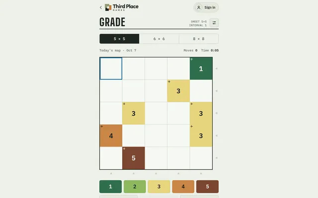 Grade's 5x5 daily map for Oct 7: a mostly empty grid with fixed spot elevations 1, 3, 3, 3, 4 and 5 in terrain colours, and a 1 to 5 height bar below
