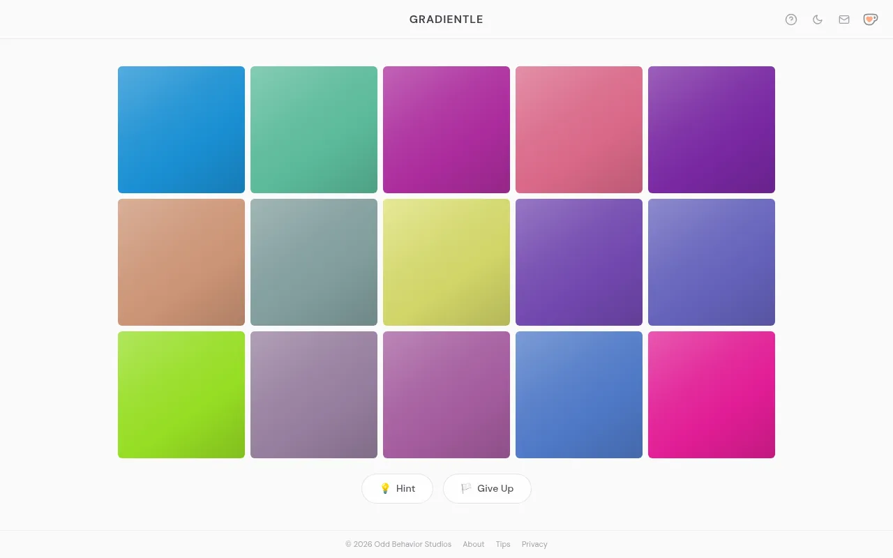 The day's Gradientle board: fifteen scrambled colour tiles in blues, greens, pinks, purples and yellow to swap back into a smooth gradient, with Hint and Give Up buttons