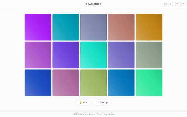 The Gradientle board of 19 October 2026 at desktop size: fifteen scrambled colour tiles from violet and teal to amber and green, with Hint and Give Up buttons