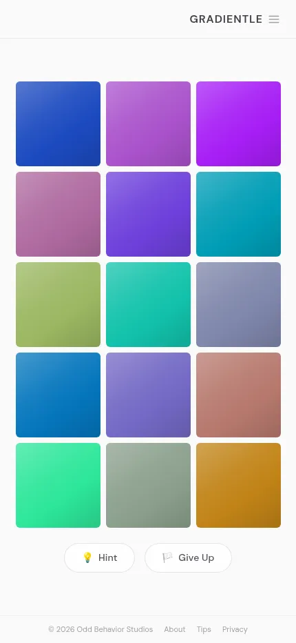 The same day's Gradientle board on a phone, turned upright into three columns of scrambled colour tiles between fixed blue, violet, green and amber corners