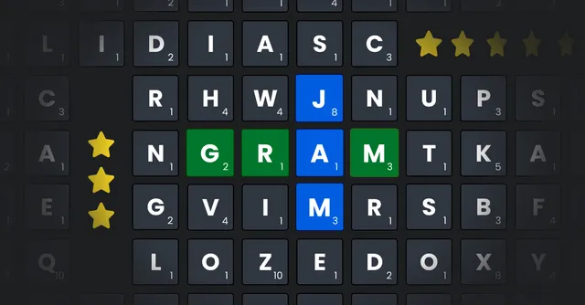 Gram Jam board of lettered tiles with GRAM spelled in green and blue across the middle and stars beside it