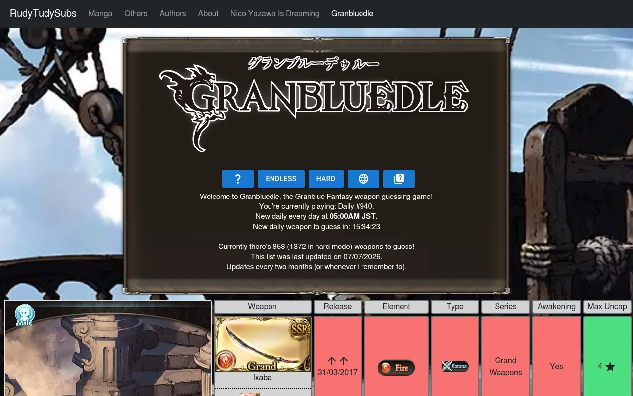 Granbluedle's daily board: the title panel with Daily #940 and the 05:00 JST reset, and a first guess, the Grand weapon Ixaba, compared column by column