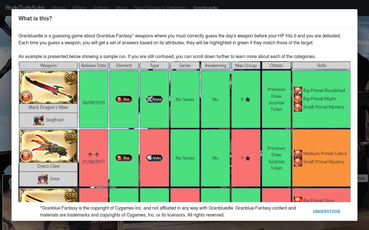 Granbluedle's How to play box with an example run of guesses such as Black Dragon's Maw and Draco Claw, coloured green and red by column