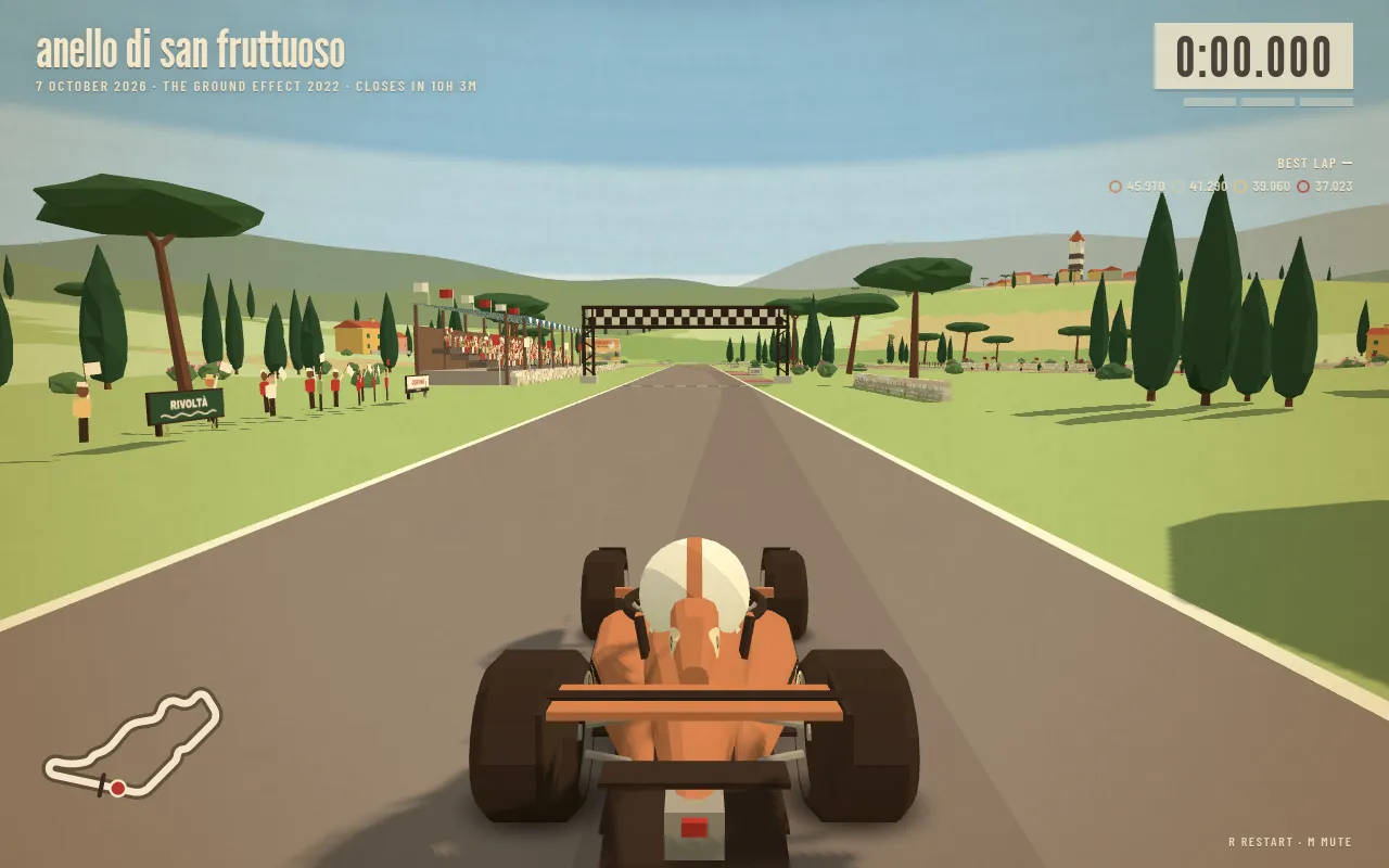 Grand Premio on 7 October 2026: an orange 2022 ground-effect car on the start straight of Anello di San Fruttuoso, with lap timer, medal times and a circuit map