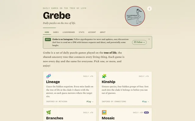 Grebe home page: daily puzzles on the tree of life, with cards for Lineage and Kinship (daily #76) and the tops of Branches and Mosaic (daily #29)